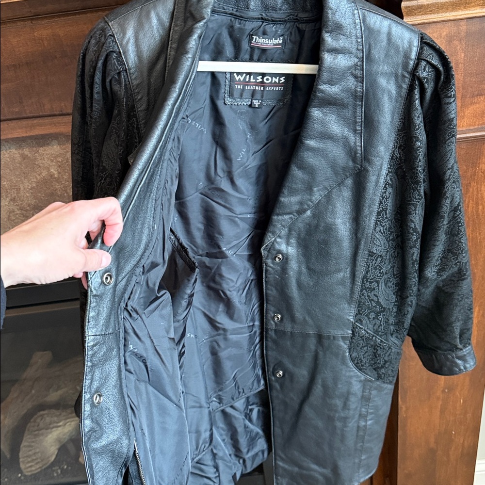 Wilson black leather jacket paisley burnout 80s 90s Whimsigoth dark romantic S - Picture 3 of 16